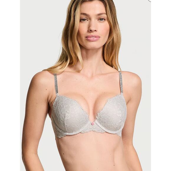 Victorias Secret Twinkle Strap Lace Push Up Bra Womens Size 32B Silver Pearl New - Picture 1 of 11